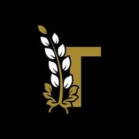 letra inicial t ligado o logotipo da coroa de louros dourado do monograma. design gracioso para restaurante, café, marca, crachá, etiqueta, identidade de luxo vetor