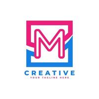 logotipo da corporação letra m com design quadrado e swoosh e elemento de modelo de vetor de cor rosa azul