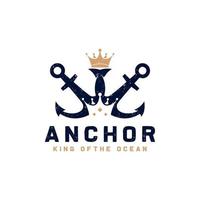 emblema de âncora do rei náutico vintage. âncora e coroa para emblemas marinhos elemento de modelo de design de logotipo de barco de navio vetor