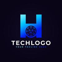 logotipo da letra h da tecnologia. forma geométrica azul com círculo de pontos conectado como vetor de logotipo de rede. utilizável para logotipos de negócios e tecnologia.