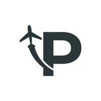 letra inicial p viagem com elemento de modelo de design de logotipo de voo de avião vetor