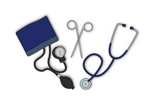 design de dispositivo médico, estetoscópio, medidor de pressão arterial, tesoura, com um estilo de design doodle simples