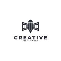 logotipo de filme de cinema criativo. lápis combinado com ilustração vetorial de ícone de tira de filme de listras de carretel vetor
