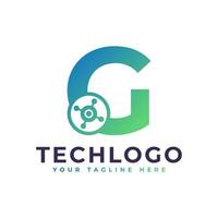 logotipo da letra G de tecnologia. forma geométrica verde com círculo de pontos conectado como vetor de logotipo de rede. utilizável para logotipos de negócios e tecnologia.