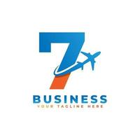 número 7 com design de logotipo de avião. adequado para turismo e viagens, start up, logística, modelo de logotipo de negócios vetor