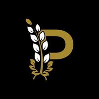 letra inicial p ligado o logotipo da coroa de louros dourado do monograma. design gracioso para restaurante, café, marca, crachá, etiqueta, identidade de luxo vetor