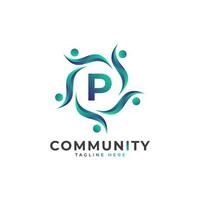 letra inicial da comunidade p conectando o logotipo das pessoas. forma geométrica colorida. elemento de modelo de design de logotipo de vetor plana.