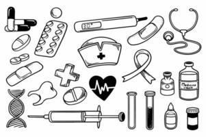 conjunto desenhado à mão de material de equipamento médico doodle em fundo branco. vetor