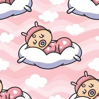 recém-nascido dormindo no travesseiro entre as nuvens sem costura padrão vetorial vetor