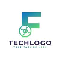 logotipo da letra de tecnologia f. forma geométrica verde com círculo de pontos conectado como vetor de logotipo de rede. utilizável para logotipos de negócios e tecnologia.