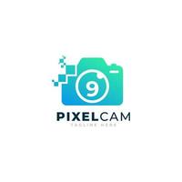 número 9 dentro do modelo de design de logotipo de tecnologia de pixel de foto de câmera vetor