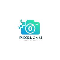 número 0 dentro do modelo de design de logotipo de tecnologia de pixel de foto de câmera vetor