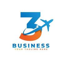 número 3 com design de logotipo de avião. adequado para turismo e viagens, start up, logística, modelo de logotipo de negócios vetor