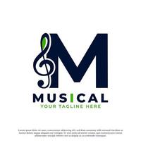 letra m com elemento de design de logotipo de nota chave de música. utilizável para logotipos de negócios, musicais, entretenimento, discos e orquestra vetor