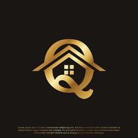 letra inicial q design de logotipo dourado da casa em casa. conceito de logotipo imobiliário. ilustração vetorial vetor