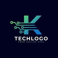 logotipo da letra k da tecnologia. modelo de logotipo de vetor futurista com cor gradiente verde e azul. forma geométrica. utilizável para logotipos de negócios e tecnologia.