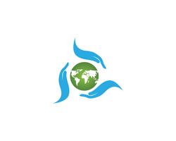 Mundo e mão logotipo verde global vetor