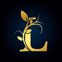 elegante l logotipo de luxo. logotipo do alfabeto floral dourado com folhas de flores. perfeito para moda, joias, salão de beleza, cosméticos, spa, boutique, casamento, carimbo de carta, logotipo de hotel e restaurante. vetor