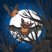 cena noturna de halloween com dois morcegos em estilo cartoon vetor