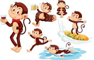 conjunto de diferentes poses de personagens de desenhos animados de macacos vetor