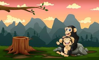um chimpanzé com seu filhote em uma floresta nua vetor