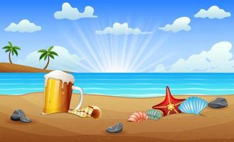 um copo de cerveja e estrela do mar de conchas na areia do mar vetor