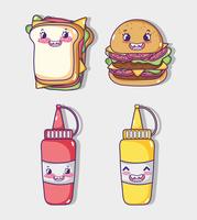Desenhos de kawaii de coleção de fast food vetor