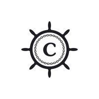 letra c dentro do volante do navio e ícone de corrente circular para inspiração de logotipo náutico vetor