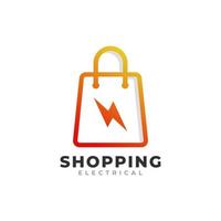 loja elétrica ou logotipo de loja rápida. saco de compras combinado com ilustração vetorial de ícone de energia ou relâmpago. vetor