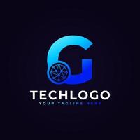 logotipo da letra G de tecnologia. forma geométrica azul com círculo de pontos conectado como vetor de logotipo de rede. utilizável para logotipos de negócios e tecnologia.