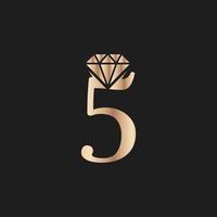 luxo número dourado 5 com símbolo de diamante. inspiração de design de logotipo de diamante premium vetor