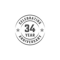 Distintivo de emblema de comemoração de aniversário de 34 anos com cor cinza para evento de celebração, casamento, cartão de felicitações e convite isolado no fundo branco vetor