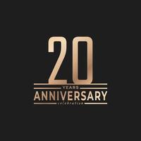 Celebração de aniversário de 20 anos com cor dourada de forma de número fino para evento de celebração, casamento, cartão de felicitações e convite isolado em fundo escuro