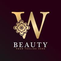 logotipo de luxo elegante w. logotipo do alfabeto floral dourado com folhas de flores. perfeito para moda, joias, salão de beleza, cosméticos, spa, boutique, casamento, carimbo de carta, logotipo de hotel e restaurante. vetor