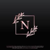elegante logotipo floral quadrado de letra n com linha de ramificação criativa de monograma de folha elegante e cor preta rosa. utilizável para logotipos de negócios, moda, cosméticos, spa, ciência, medicina e natureza. vetor