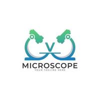 logotipo do laboratório. elemento de modelo de design de logotipo de microscópio letra inicial v. vetor