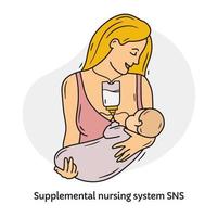 uma mulher amamenta um bebê com sns do sistema de enfermagem suplementar e ilustração dos desenhos animados do vetor de auxílio à lactação. dispositivo para leite materno e fórmula infantil