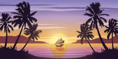 design de arte silhueta do mar na hora do pôr do sol e palmeiras vetor