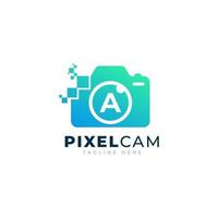 letra um modelo de design de logotipo de tecnologia de pixel de foto de câmera interna vetor