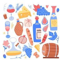 coleção de grandes elementos para beaujolais nouveau. festival de vinho novo na frança. conjunto de vinho e comida. ilustração vetorial de mão plana desenhada. vetor