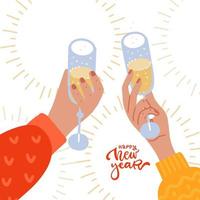 tempo de festa de ano novo com duas mãos levantadas segurando taças de champanhe, torcendo. fundo de evento de celebração de férias de inverno com feliz ano novo. ilustração em vetor apartamento moderno convite.