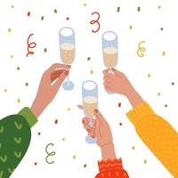 levantou as mãos segurando taças de champanhe. ano novo comemorando com confete. convite de festa backgroundflat mão desenhada ilustração vetorial. vetor