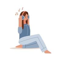 uma garota esbelta em fones de ouvido sentada no chão elegantemente com as pernas cruzadas, pensando e ouvindo música. ilustração vetorial plana isolada no branco. personagem feminina desenhada à mão na moda vetor
