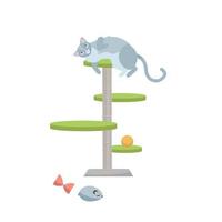 gato cinza jovem bonito deitado no arranhador com brinquedos de gato. ilustração de personagem de vetor de estilo cartoon plana sobre fundo whita.