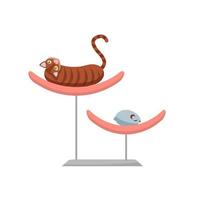 gato marrom preguiçoso deitado na cama do animal de estimação, gato engraçado encontra-se em uma cama elegante com um rato de brinquedo. vista traseira do gatinho de pêlo curto listrado. ilustração em vetor plana dos desenhos animados.