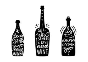 conjunto de citações sobre vinho no estilo de caligrafia de silhueta de garrafa de vinho. cartaz, cartão postal, menu, design têxtil. ilustração tipográfica em vetor. vetor