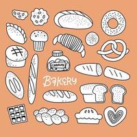 linear mão desenhada pão diferente em fundo bege. doodle produtos de farinha nas cores preto e branco. pães e pães deliciosos. ilustração vetorial de linha à mão livre. vetor