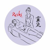 Cura Reiki. Mestre Reiki realiza uma sessão de tratamento para o paciente. Medicina alternativa. Logotipo. Vetor. vetor