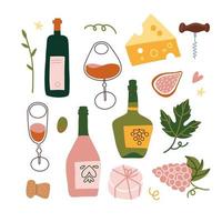 conjunto de garrafas de vinho estilizadas, taças de vinho, uvas e ilustração de queijo. coleção de festa de vinho. ilustração vetorial desenhada de mão plana. vetor