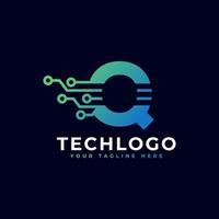 logotipo da letra q da tecnologia. modelo de logotipo de vetor futurista com cor gradiente verde e azul. forma geométrica. utilizável para logotipos de negócios e tecnologia.